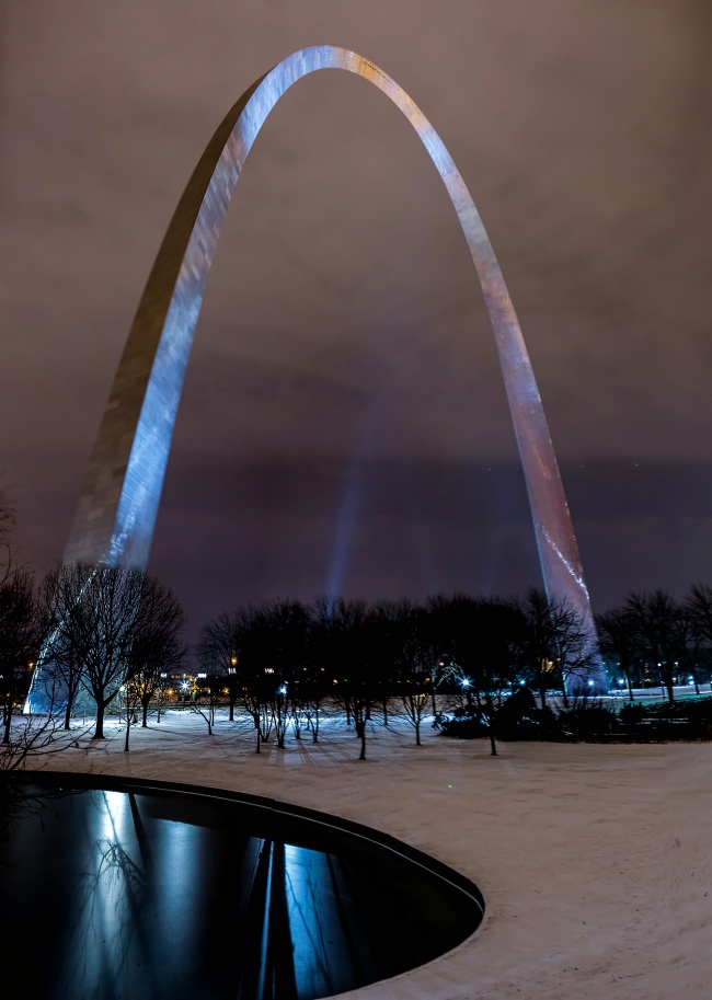 Gateway Arch and Her Grounds with Snow Clouds – St. Louis – Night Photography – The Dassler Effect